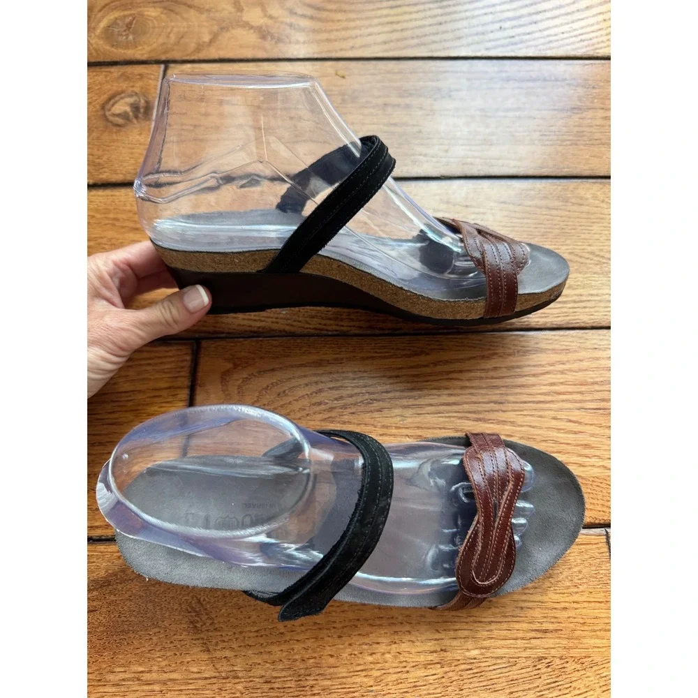 Naot Wedge Sandals Women 38 Brown Black Leather Comfort Cork Footbed Israel